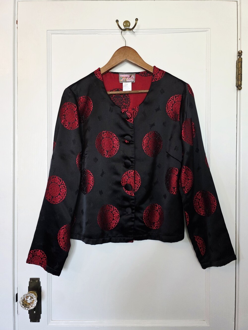 Vintage April Cornell Chinese Tang Jacket – Size S –Black/Red Brocade Medallions - Picture 2 of 7